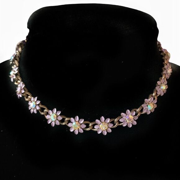 Vintage enamel lavender metal flower ab crystal  floral link necklace 15” - Picture 5 of 14